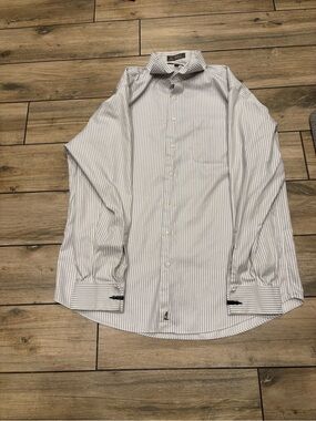 Nordstrom Mens 16.5 35 Smartcare Grey White Stripe French Cuff Dress Shirt
